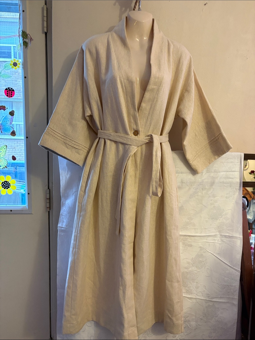 Belted Cream Linen-Blend Trench Coat